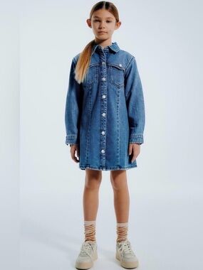 ZARA Denim Dress Snap Button Long Sleeve Skater Shirt Dress Girls size 8